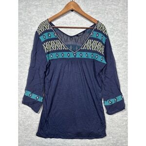 Lucky Brand Embroidered Womens M Top V Neck Semi Sheer Colorful Boho‎ Festival